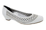 Shoe, white PU, Ros Hommerson Tina slip-on with low heel, laser-cut circular cutouts, rounded toe; side view.