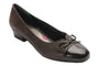 Shoe by Ros Hommerson, brown slip-on with low heel, padded footbed, shiny toe cap, and small bow.