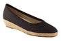 Sandal, black canvas, jute sole, slight wedge heel, foam footbed. Side view. David Tate Stroll.