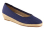 Wedge shoe, navy canvas upper with rope espadrille sole and closed rounded toe by David Tate.