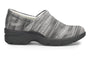 Shoe, Align Indya, grey striped slip-on with black sole, recycled lining, shown in left side profile view.