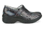 Clog, Align Indya, black-white mesh with thick slip-resistant rubber sole, shown in side view.