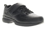 Shoe, black synthetic, Propet Lifewalker Flex with Velcro, laces, EVA midsole for cushioning on white background.