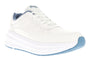 Shoe, white synthetic with blue accents, Propet Ultima, thick sole, laces, stability features, front view.