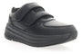 Sneaker, black leather, Propet Ultima Strap with dual hook-and-loop straps and orthopedic support on rubber sole.