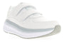 Shoe, white synthetic, hook-and-loop straps, thick gray-white sole for support, rounded toe, Propet Ultima Strap, front view.