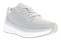 Sneaker, Propet Ultima X, light gray mesh upper, gray laces, white sole. Shown at an angle for comfort footwear.