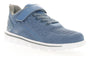 Shoe, blue mesh, Propet Ta Axial Fx with arch support, laces, Velcro strap, and white sole shown from the side.