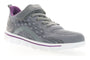 Walking shoe, Propet Ta Axial Fx, gray mesh with purple lining, arch support, white sole, laces, and hook-and-loop strap.