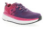 Shoe, Propet Ultra, purple/pink knit mesh, side view, white sole with black tread. Breathable upper for comfort.