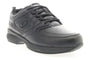 Shoe, black leather, Propet Lifewalker Sport with logo, black laces, thick rubber sole for support on white background.