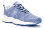 Sneaker, light blue/white mesh, Propet Stability Fly, roomy toe box, side view, designed for comfort and support.
