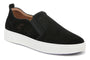 Shoe, black perforated suede, Vionic Kimmie Perf with elastic panels, white sole; side view. Comfort features not visible.