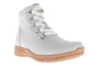 Boot, light gray water-repellent cow suede, white laces, tan rubber sole. Propet Demi. Comfort footwear product.
