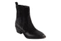 Boot, black suede; David Tate Basil. Low block heel, western style, side stitching. Three-quarter view.