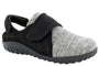 Slip-on shoe, gray/black, Drew Shoes Breezy with Velcro strap, lightweight build, textured sole; angled view.