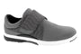 Shoe, gray stretch leather, slip-on by Drew Shoes with hook-and-loop strap, removable footbeds, white sole.