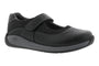 Shoe, black leather Mary Jane by Drew Shoes, orthotic-friendly with Velcro strap and perforations on white background.