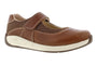 Shoe, Drew Shoes Trust, brown leather Mary Jane with hook-and-loop strap, perforated toe, slip-resistant white sole.