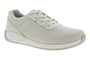 Shoe by Drew Shoes in light beige mesh, lace-up, slip-resistant rubber sole; womens comfort footwear shown on white.
