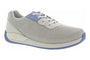 Shoe, Drew Shoes Terrain, light gray with blue accents, lace-up, rubber sole, slip-resistant outsole, side view.