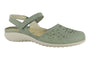 Sandal, Naot Arataki, light green leather with cut-outs, closed toe, ankle strap, removable cork footbed for support.