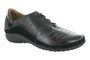 Shoe, black leather, Naot Kumara women’s with stitching detail and visible arch support on white background.
