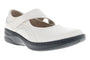 Shoe, white premium leather, Propet Golda Mary Jane with velcro strap, black rubber sole for support, shown at an angle.