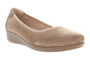 Wedge shoe, light brown suede, Propet Yara with cushioned insole, rounded toe and low heel on white background.