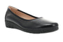 Flat shoe, black full-grain leather, Propet Yara, removable footbed and slight wedge, shown on white background.