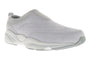 Slip-on shoe, light gray leather, Propet Stability Slip, thick slip-resistant sole and subtle stitching, angled on white.