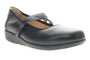 Shoe, black leather, Propet Yara Mary Jane with thin strap, raised sole, removable insole for comfort, on white background.