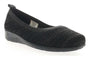 Flat shoe with black textured woven upper, leather lining, low sole; side view of Propet Yen comfort footwear.