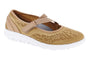 Tan mesh Propet Travelactiv Mary Jane Elite shoe with Velcro strap, white sole, and cushioned EVA insoles.