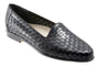 Loafer, black basket weave leather, low heel. Trotters Liz. Dress shoe style with comfort-focused design.