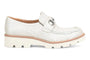 Loafer, white leather, Sofft Prewitt with chunky sole, cushioned footbed, and visible metal horsebit buckle.
