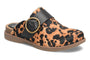 Mule by Sofft in leopard-print suede with black strap, gold buckle, and cushioned cork footbed for support.