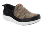 Shoe, Traq Melodiq by Alegria: multicolor knit upper, black sides, white sole, built-in pedometer, slip-on design.