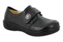 Clog, Alegria Joleen; black leather with embossed floral pattern, adjustable strap, silver side button, cushioned footbed.