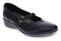 Mary Jane wedge shoe, black leather, by Revere; arch support, buckle strap, patterned insole; orthotic-friendly.
