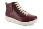 Shoe, maroon leather Strive Kensington high top with white laces, side zipper, and cushioned EVA footbed on display.