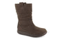 Boot, brown leather, Strive Fleur mid-calf with rubber outsole and pull tab, on white background.