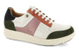 Shoe, white natural leather, bold accents, white laces, thick off-white sole; Strive Stellar comfort sneaker.