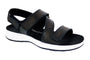 Sandal, black embossed leather, Drew Shoes Olympia, adjustable closures, white sole, comfort fit.