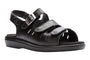 Sandal, black leather, Propet Breeze with adjustable straps, side buckle, open toe, flat sole for comfort.
