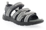 Sandal, Propet Travelactiv Adventure, gray fabric with three Velcro straps, black textured sole for support, shown angled.