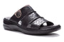 Sandal, black perforated leather, thick sole, decorative button, removable footbed. Propet Gertie.