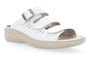Sandal, Propet Breezy Walker Slide, white with 3 adjustable straps, buckle, cushioned beige sole for comfort.