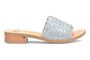 Sandal, light blue leather, Sofft Ardee with low wooden heel and open toe, side view on white.