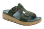 Sandal, Alegria Vita, tan with two decorative buckles, thick wood-texture outsole for cushioned support.